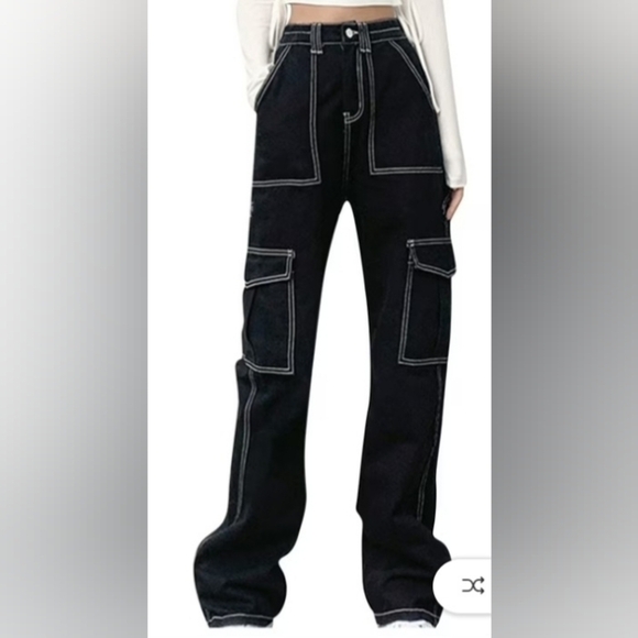 No Label Denim - Black Cargo Jeans High Waist Wide Straight Leg Trousers